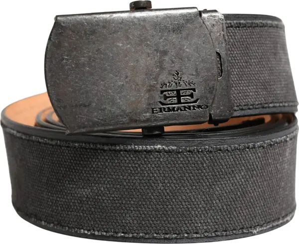 Black Leather Cotton Logo Metal Buckle Belt
