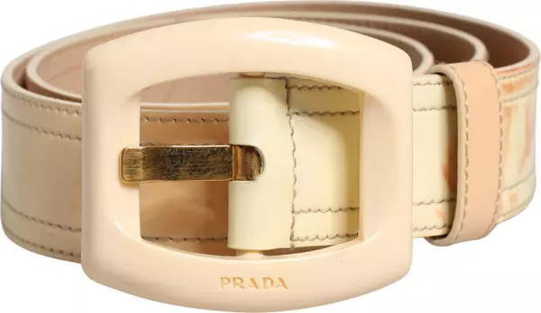 Beige Leather Logo Wide Waist Women Square Buckle Belt