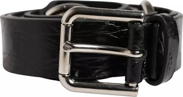 Black Exotic Leather Silver Metal Buckle Belt
