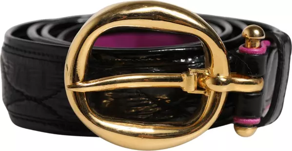 Black Leather Gold Round Buckle Waist Belt