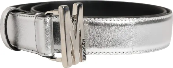 Silver Leather Logo Metal Buckle Waist Belt