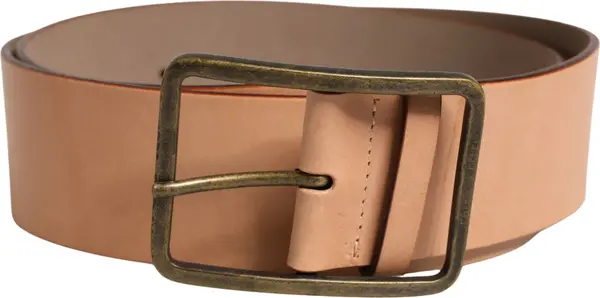 Beige Genuine Leather Wide Waist Metal Buckle Belt