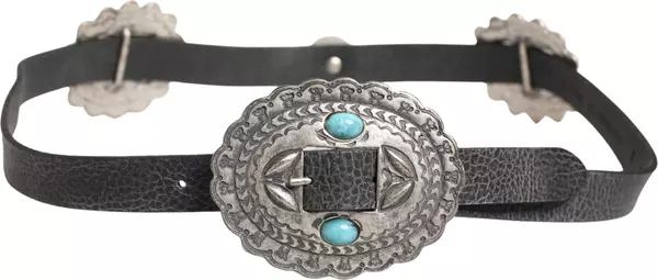 Black Turquoise Leather Embellished Oval Buckle Belt