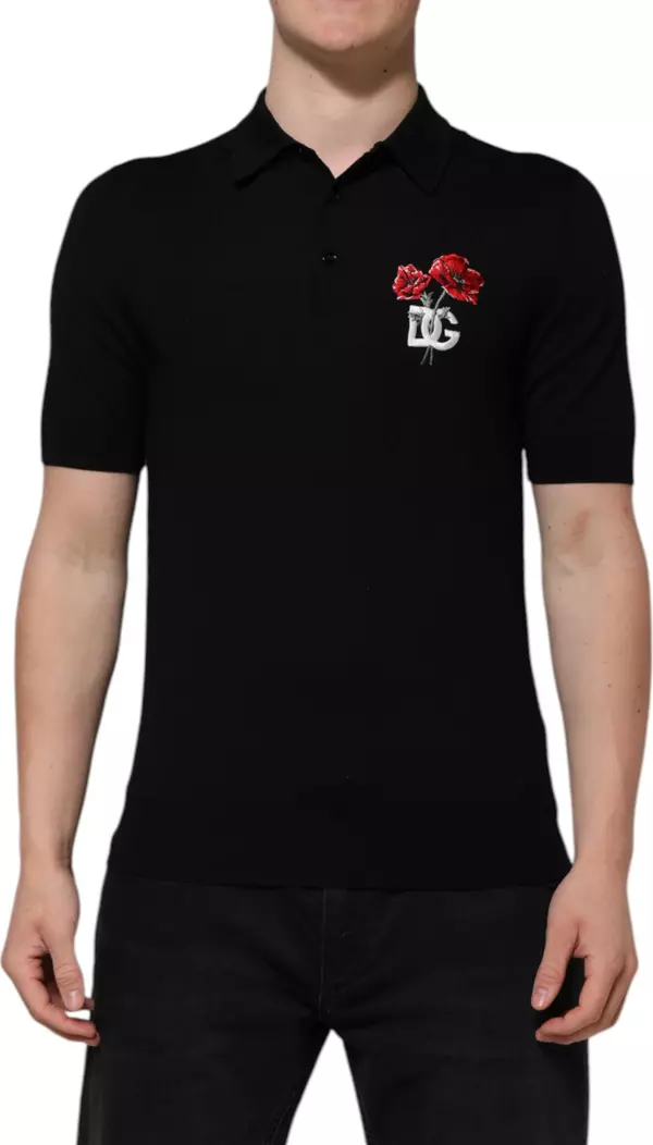 Black Wool Logo Floral Short Sleeve T-shirt