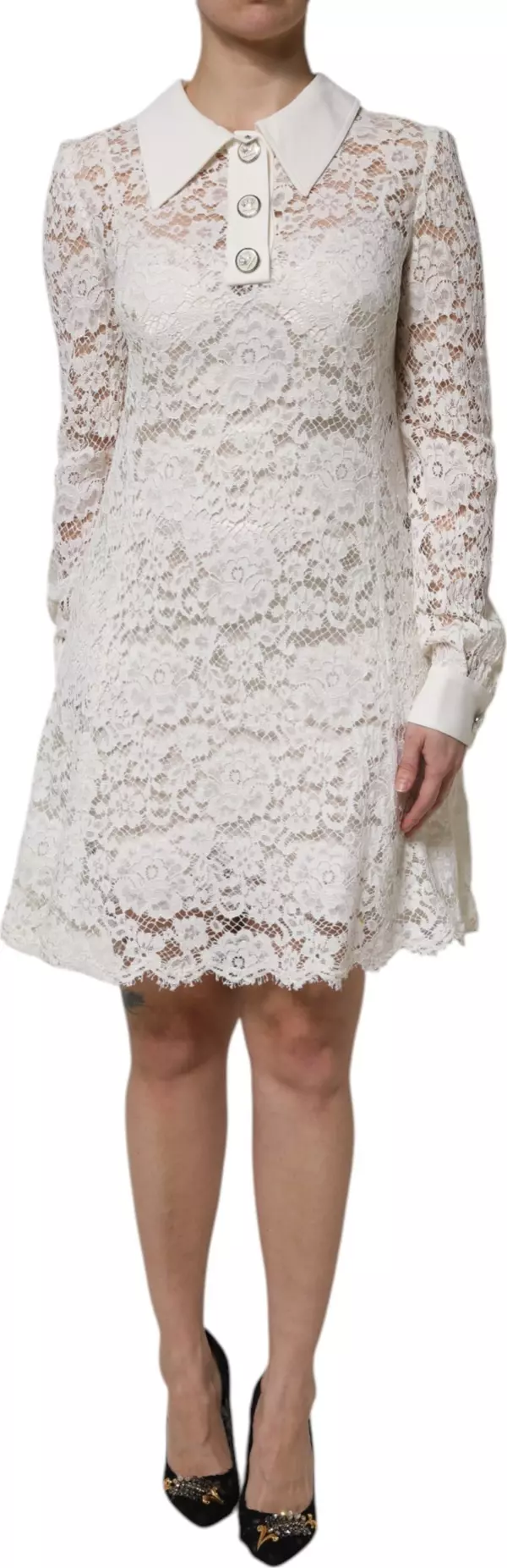 White Floral Lace Viscose Collared Mini Dress