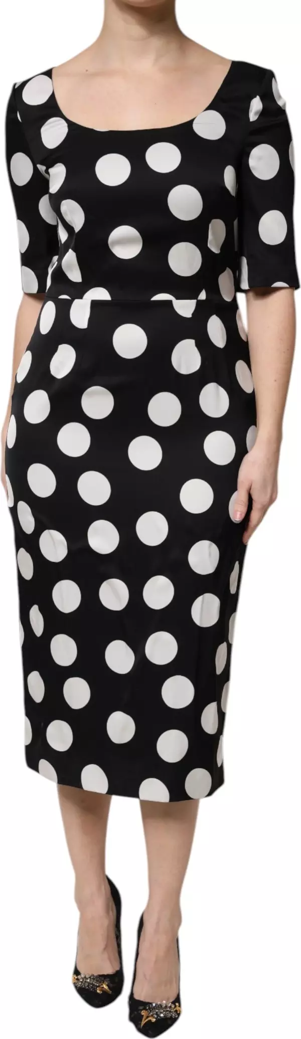 Black White Polka Dot Silk Sheath Midi Dress
