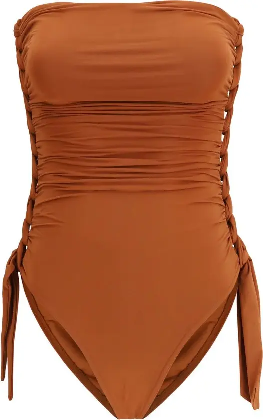 Brown Polyester One-Piece Swimsuit