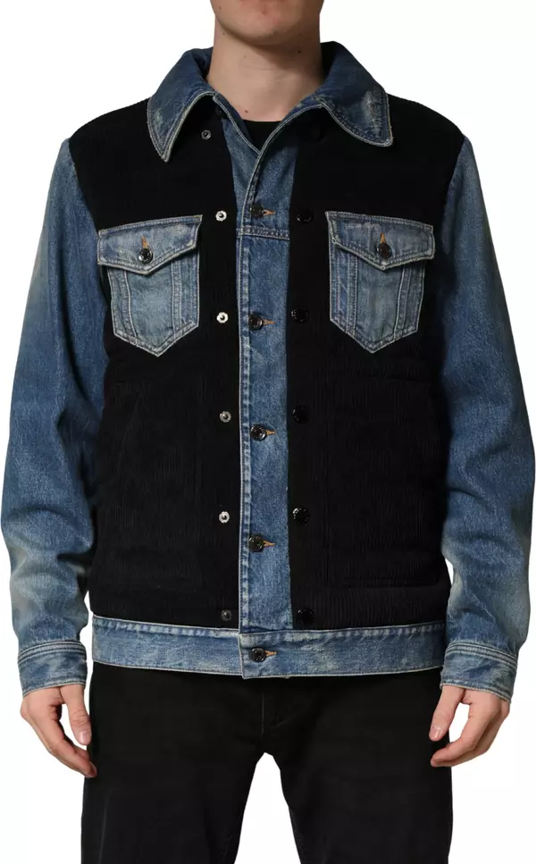 Black Blue Cotton Denim Blouson Men  Jacket