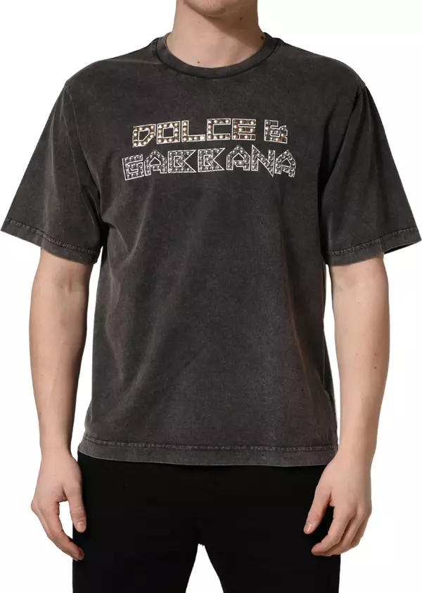 Gray Logo Embellished Men Crew Neck T-shirt