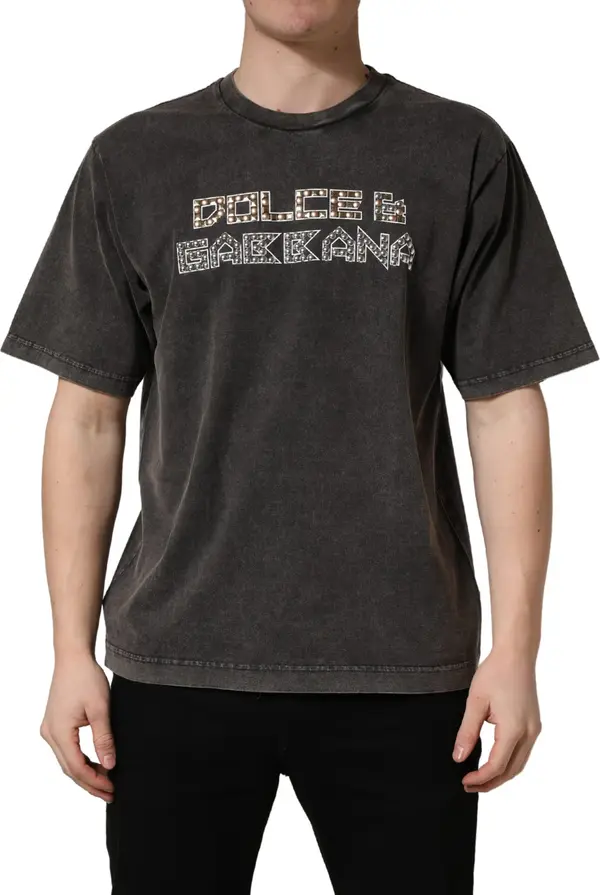 Gray Logo Embellished Men Crew Neck T-shirt
