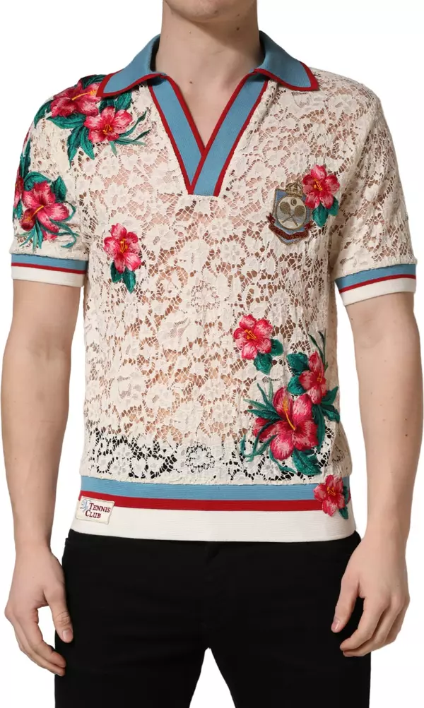 Beige Floral Tennis Club Lace Polo T-shirt