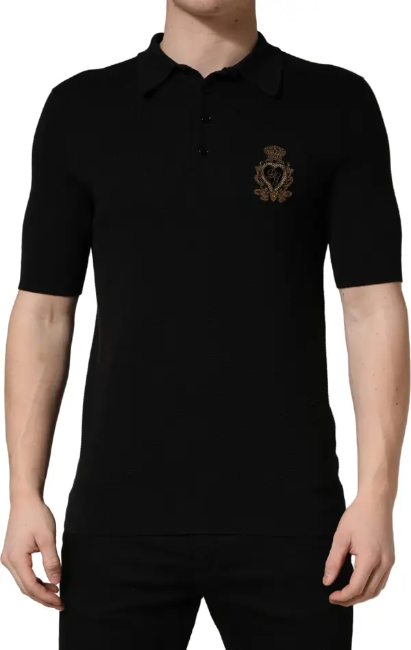 Black Heraldic Crest Patch Silk Polo T-shirt