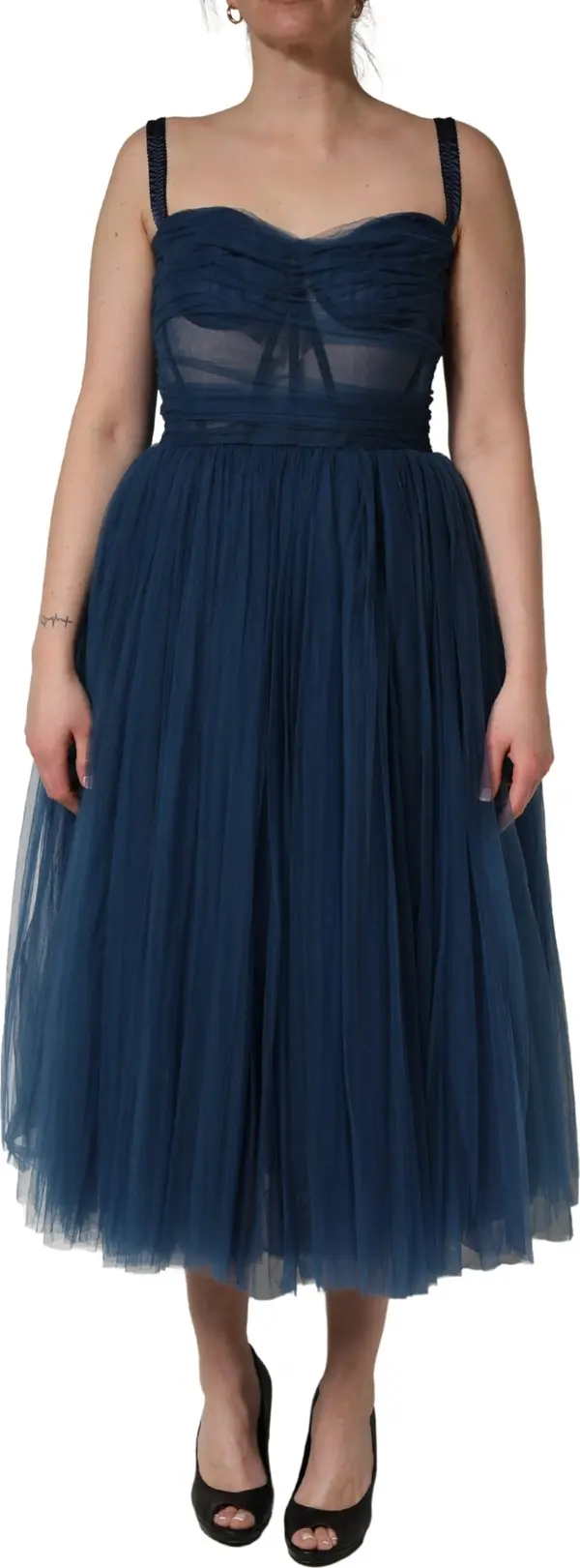 Blue Tulle Midi A-line Sleeveless Dress