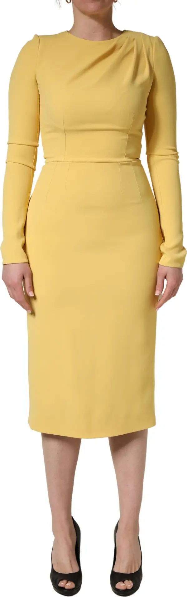 Yellow Silk Long Sleeves Sheath Midi Dress