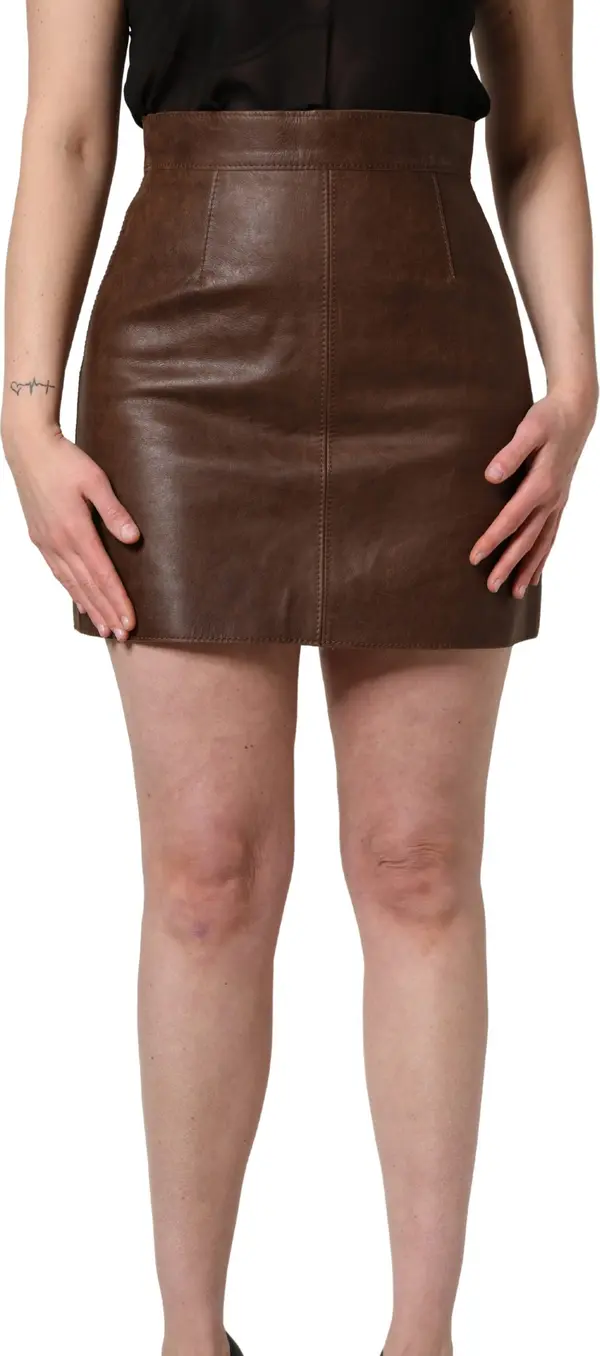 Brown Leather High Waist Bodycon Mini Skirt
