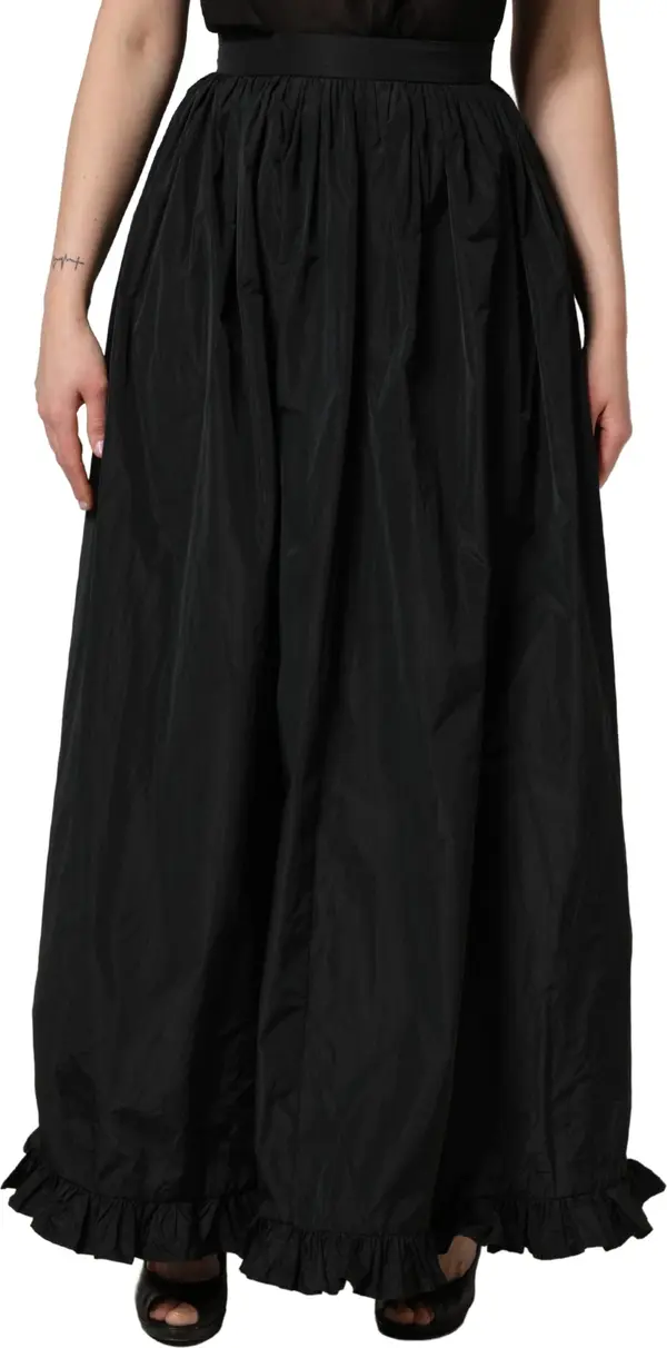 Black High Waist Pleated A-line Long Maxi Women Skirt