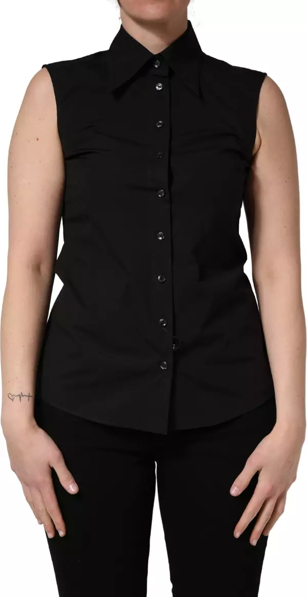 Black Cotton Sleeveless Collared Blouse Top