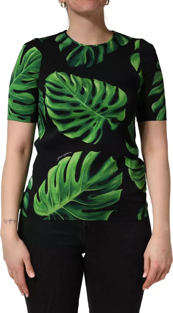 Black Philodendron Print Silk Blouse Top
