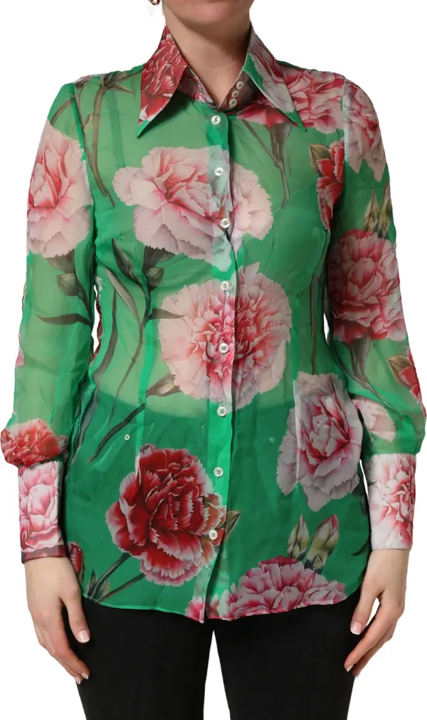Green CarnationPrint Silk Collared Blouse Top