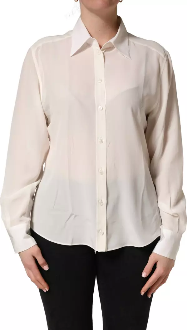 Off White Collared Long Sleeves Blouse Top