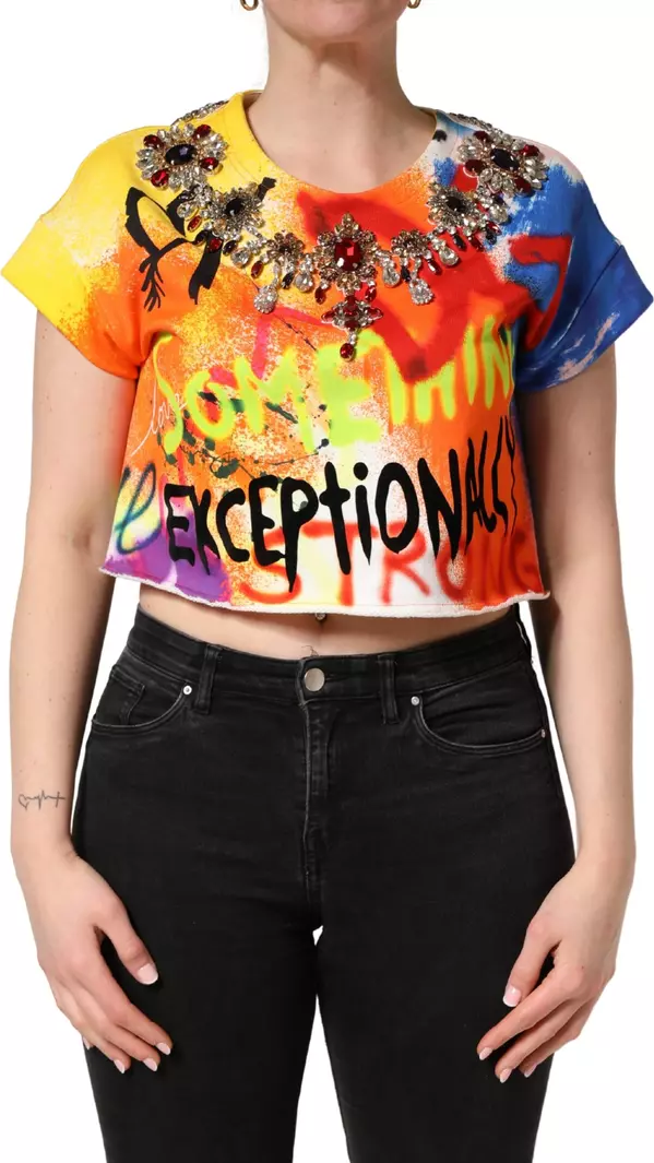 Multicolor Graffiti Crystals Crop Jersey Top