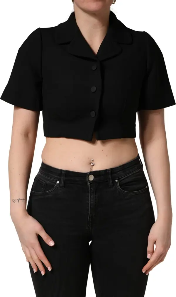 Black Collared Short Sleeves Cropped Blouse Top