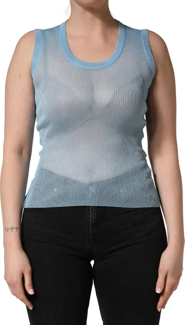 Blue Semi Sheer Ribbed Sleeveless Tank Top