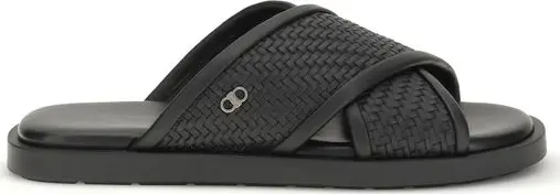 Black Calf Leather Bos Taurus Flat Sandals