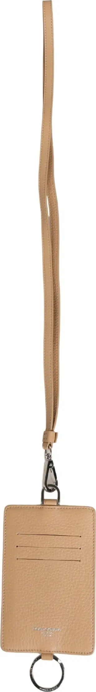 Beige Leather Logo Embossed Lanyard Card Holder Wallet