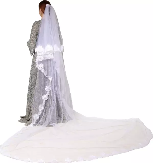 White Floral Lace Nylon Floor Length Long Wedding Veil