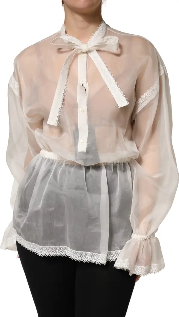 White Silk Cotton Ascot Collar Blouse Top
