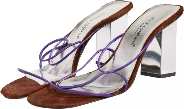 Silver Block Heels Slip On Sandals Shoes
