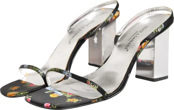 Black Silver Floral Block Heels Sandals Shoes