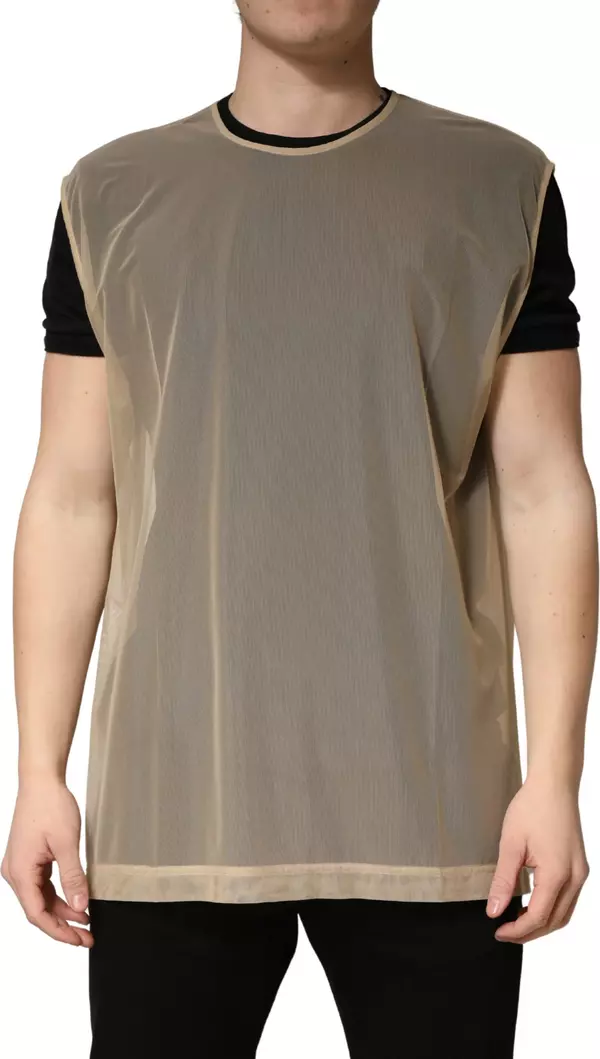 Beige Crew Neck Sleeveless Mesh Top  T-shirt