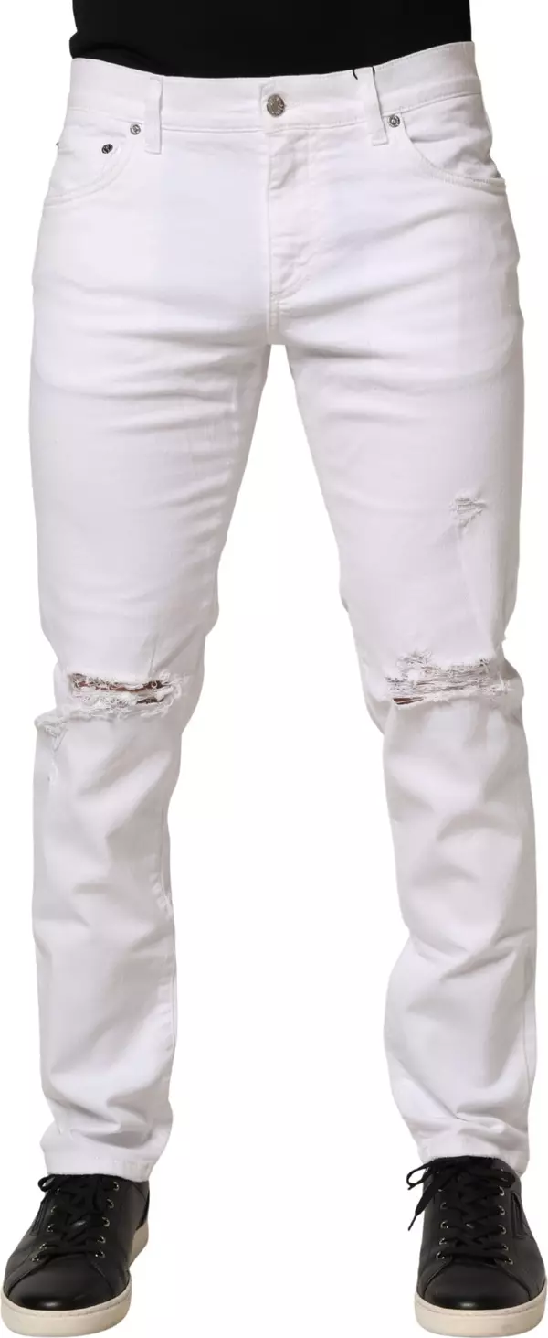 White Cotton Tattered Men Slim Fit Denim Jeans