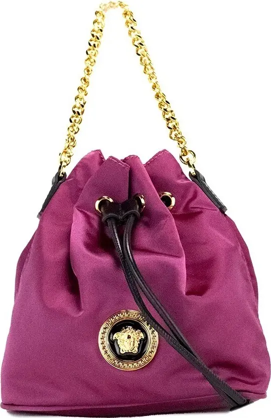 Versace Small Dahlia Nylon Medusa Pendant Bucket Chain Crossbody Bag Purse