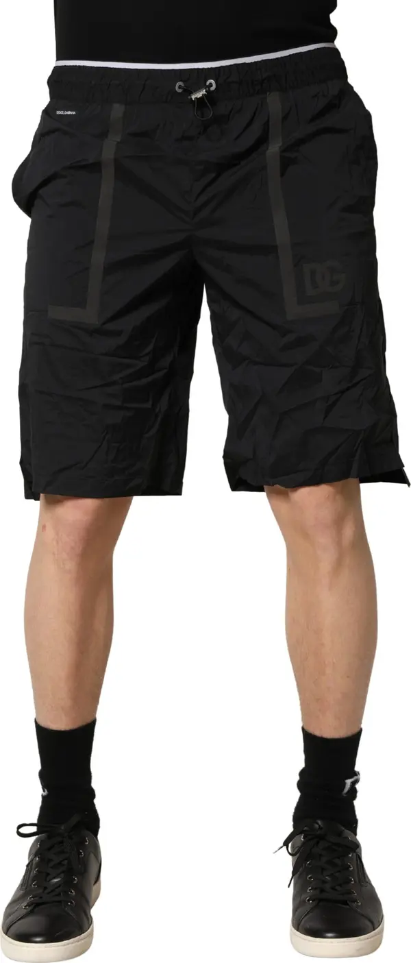 Black Nylon Elastic Waist Swim Shorts Swimwear