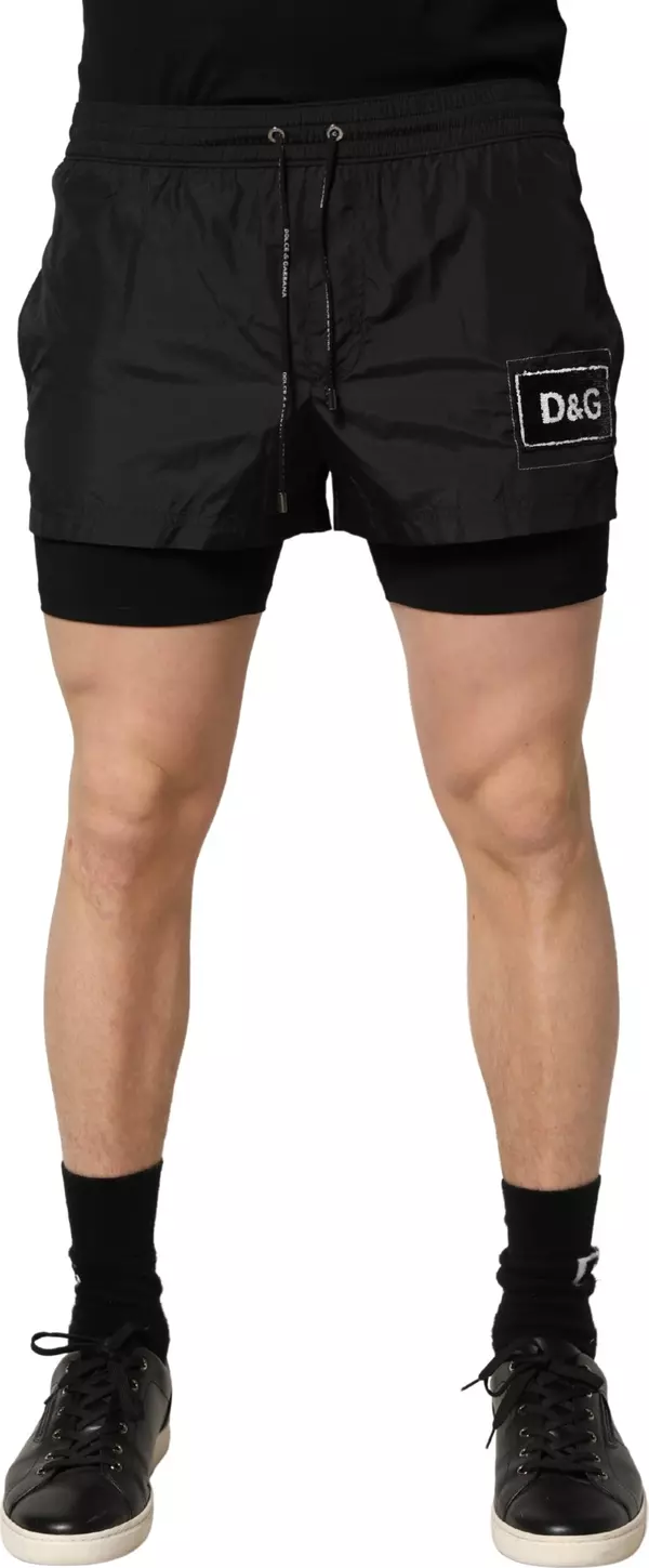 Black Polyester Drawstring Men Shorts Swimwear