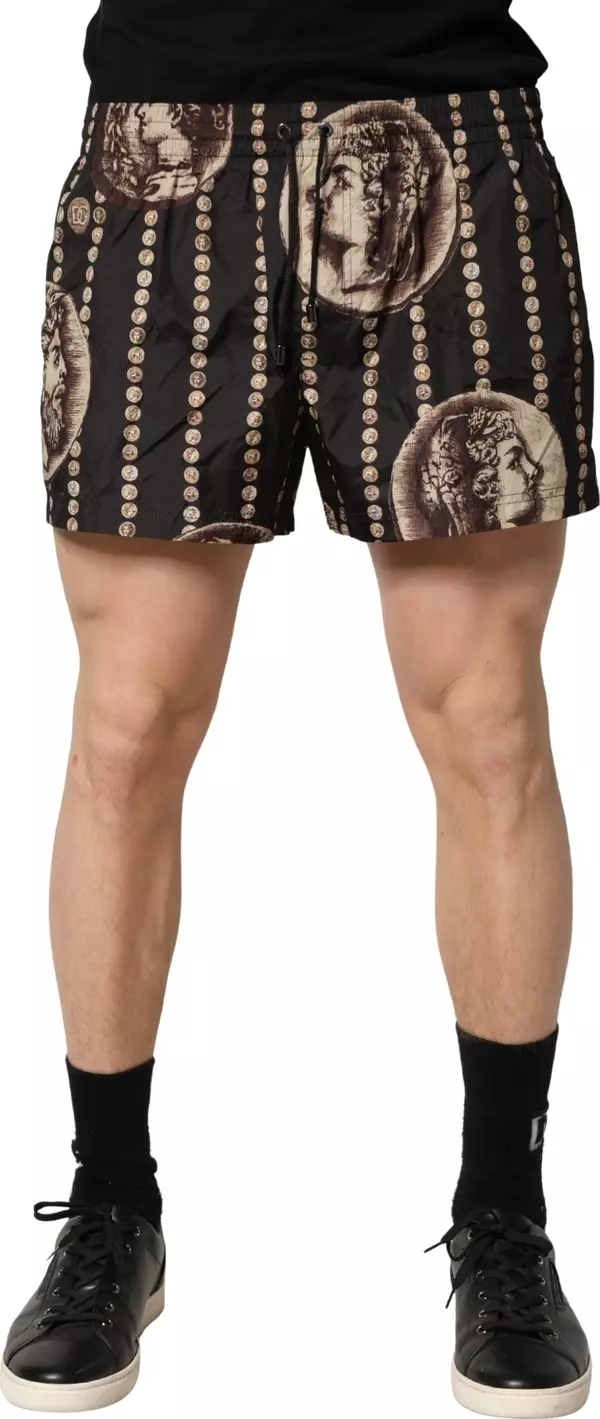 Black Roman Coin Print Swim Shorts Swimwear