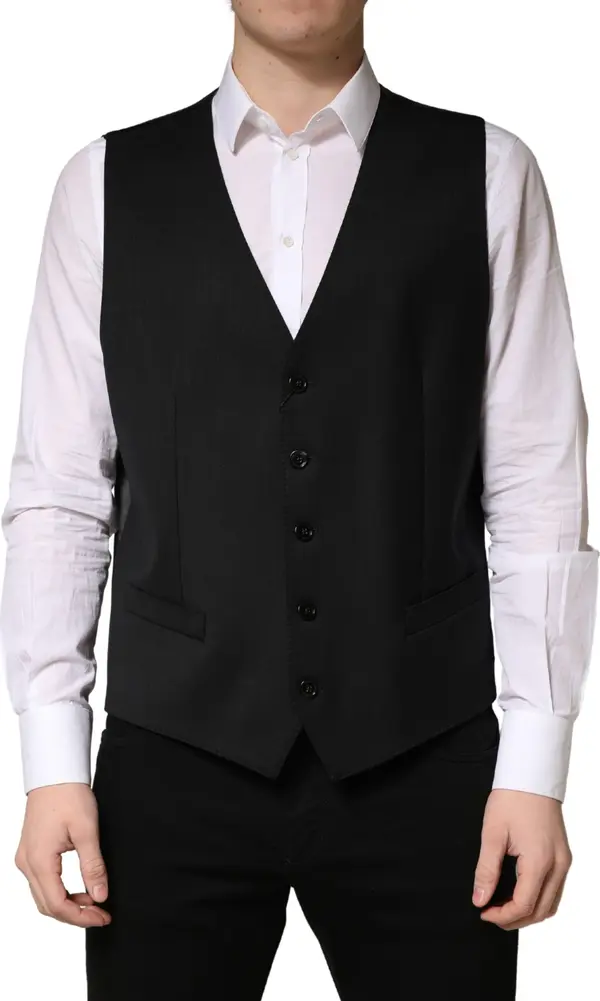 Black Wool Single Breasted Men Waistcoat Vest