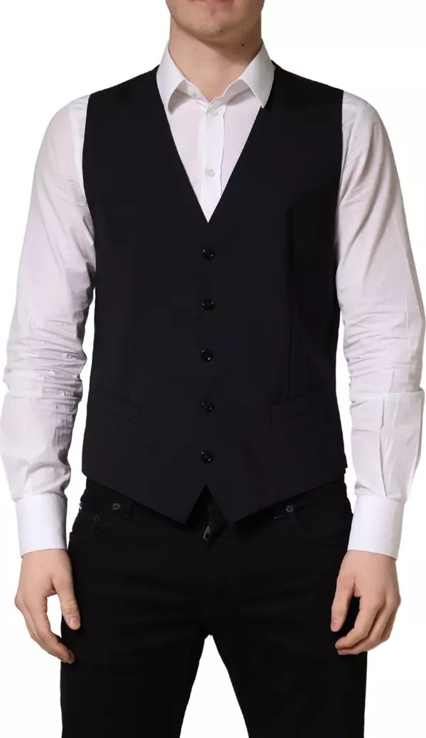 Black Wool Single Breasted Waistcoat Vest