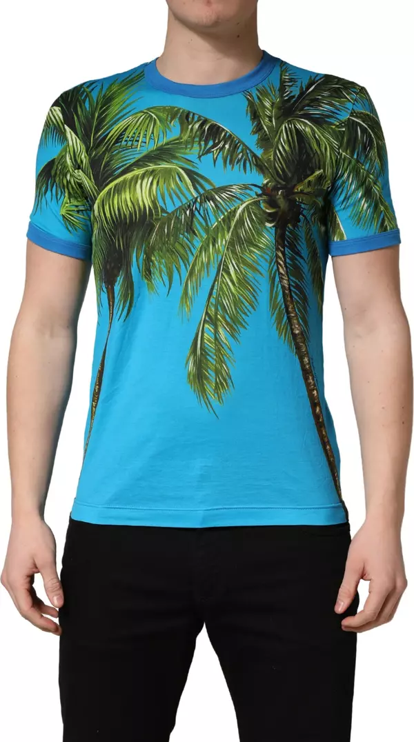 Blue Palm Tree Print Cotton CrewNeck T-shirt