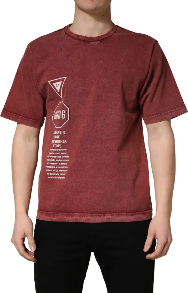 Maroon Print Round Neck Short Sleeve T-shirt