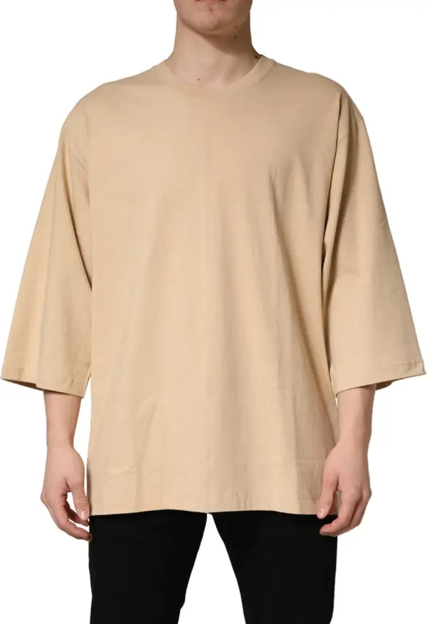 Beige Cotton Roundneck Oversized Fit T-shirt