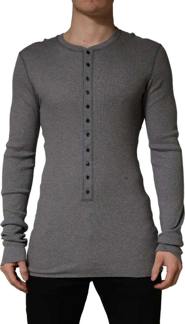 Gray Ribbed Cotton Long-Sleeve Henley  T-shirt