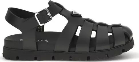 Black Calf Leather Bos Taurus Flat Sandals
