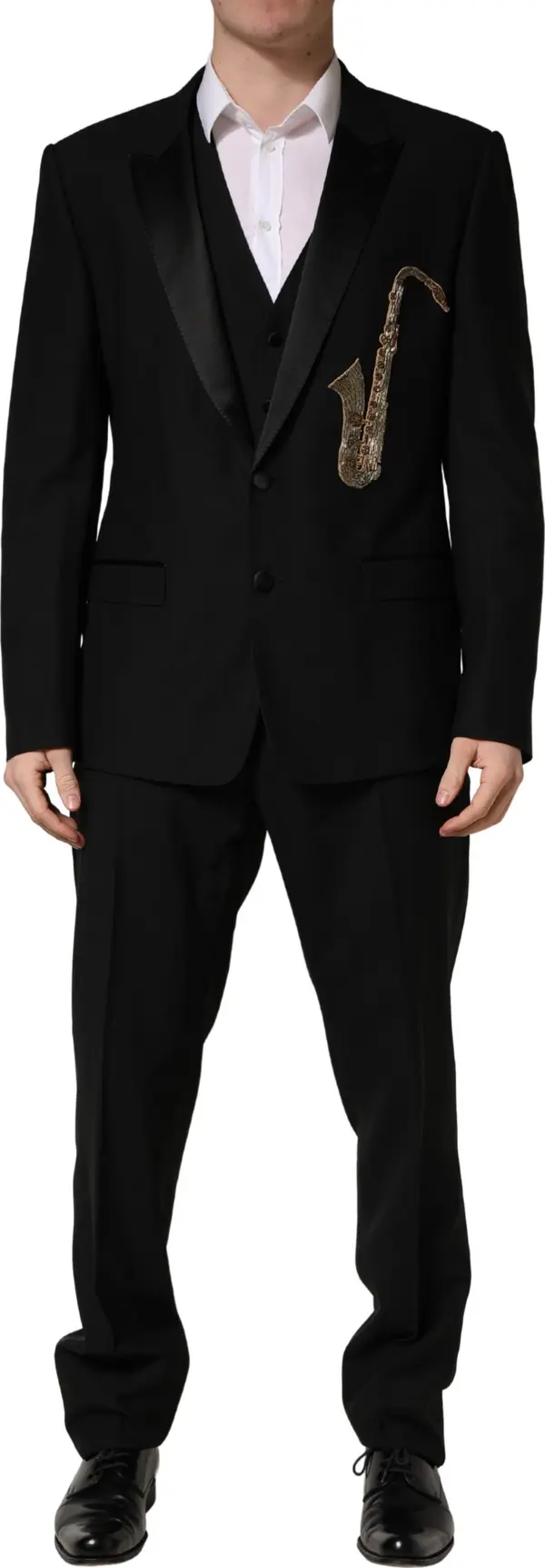 Black Wool Silk Saxophone Slim Fit 3Pc Suit