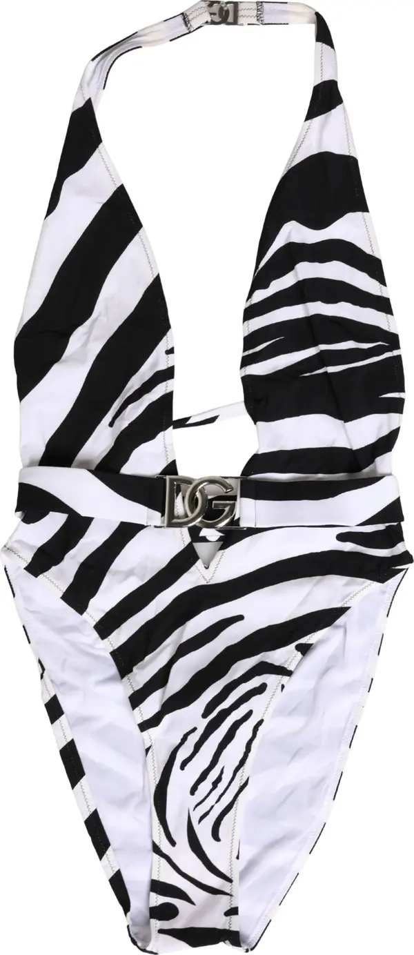 Black White Zebra Deep V-Neck One Piece Swimwear