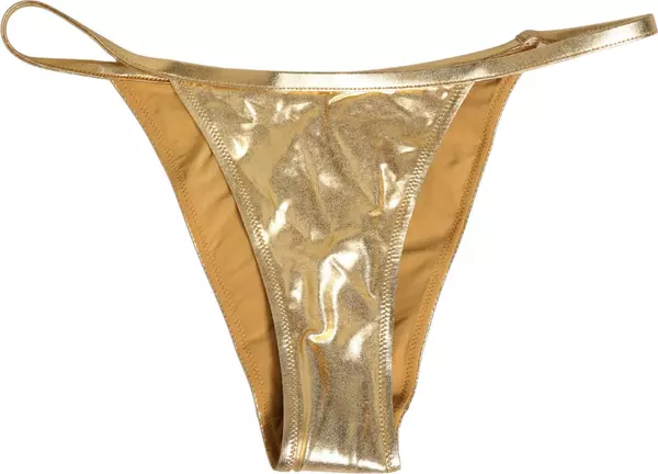 Gold-Tone Polyester Bikini Bottom Logo Swimwear