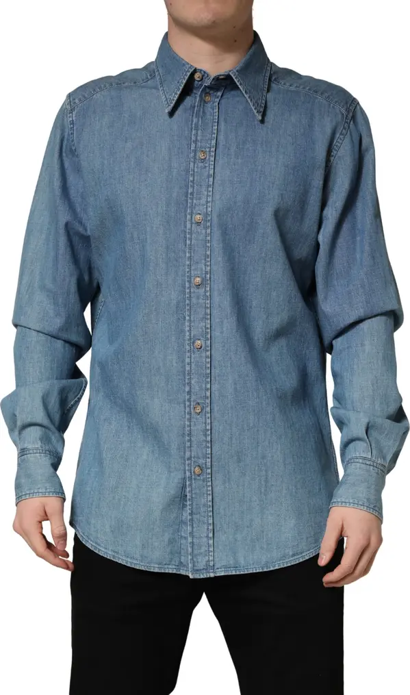 Blue Cotton Stretch Casual Denim Slim Shirt
